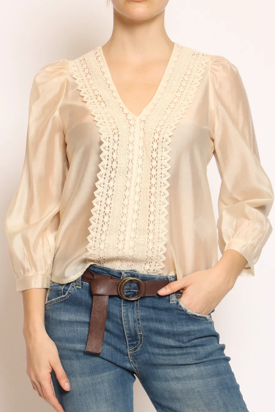 Kontatto Blusa mussola scollo v macramu00e8 crema- Camicie E Bluse