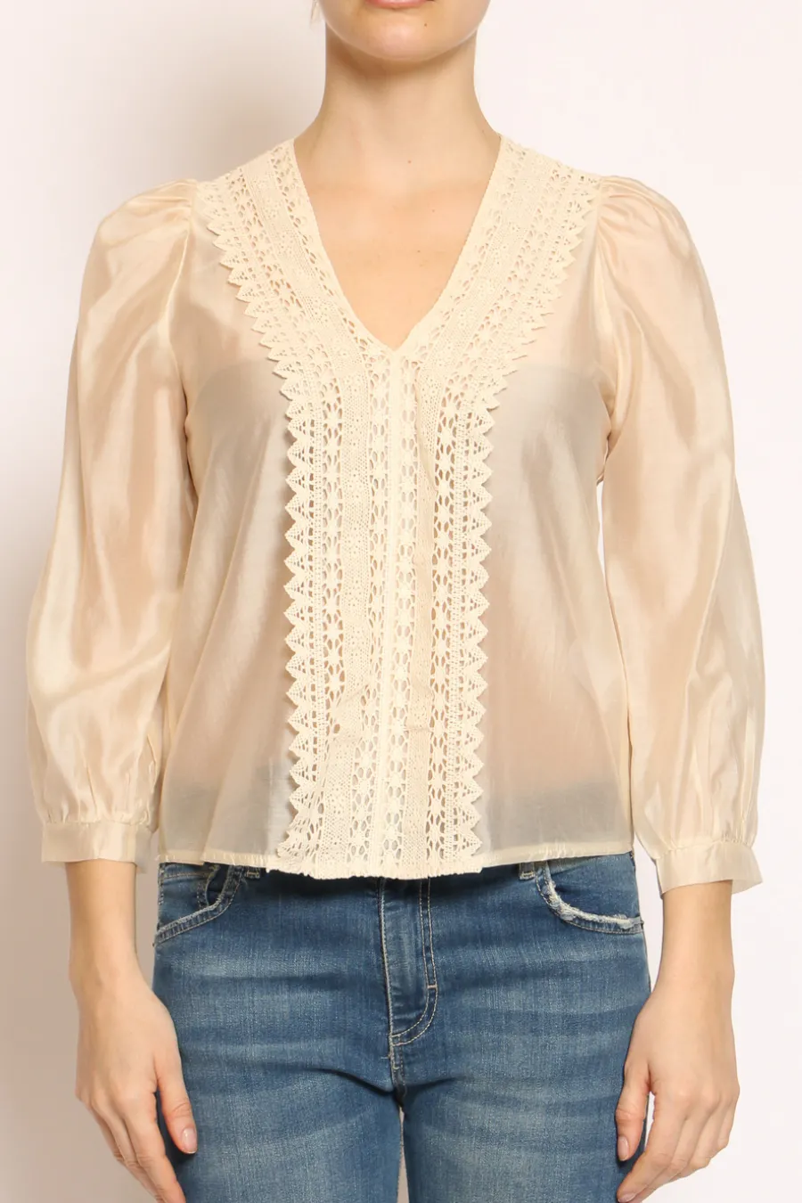 Kontatto Blusa mussola scollo v macramu00e8 crema- Camicie E Bluse