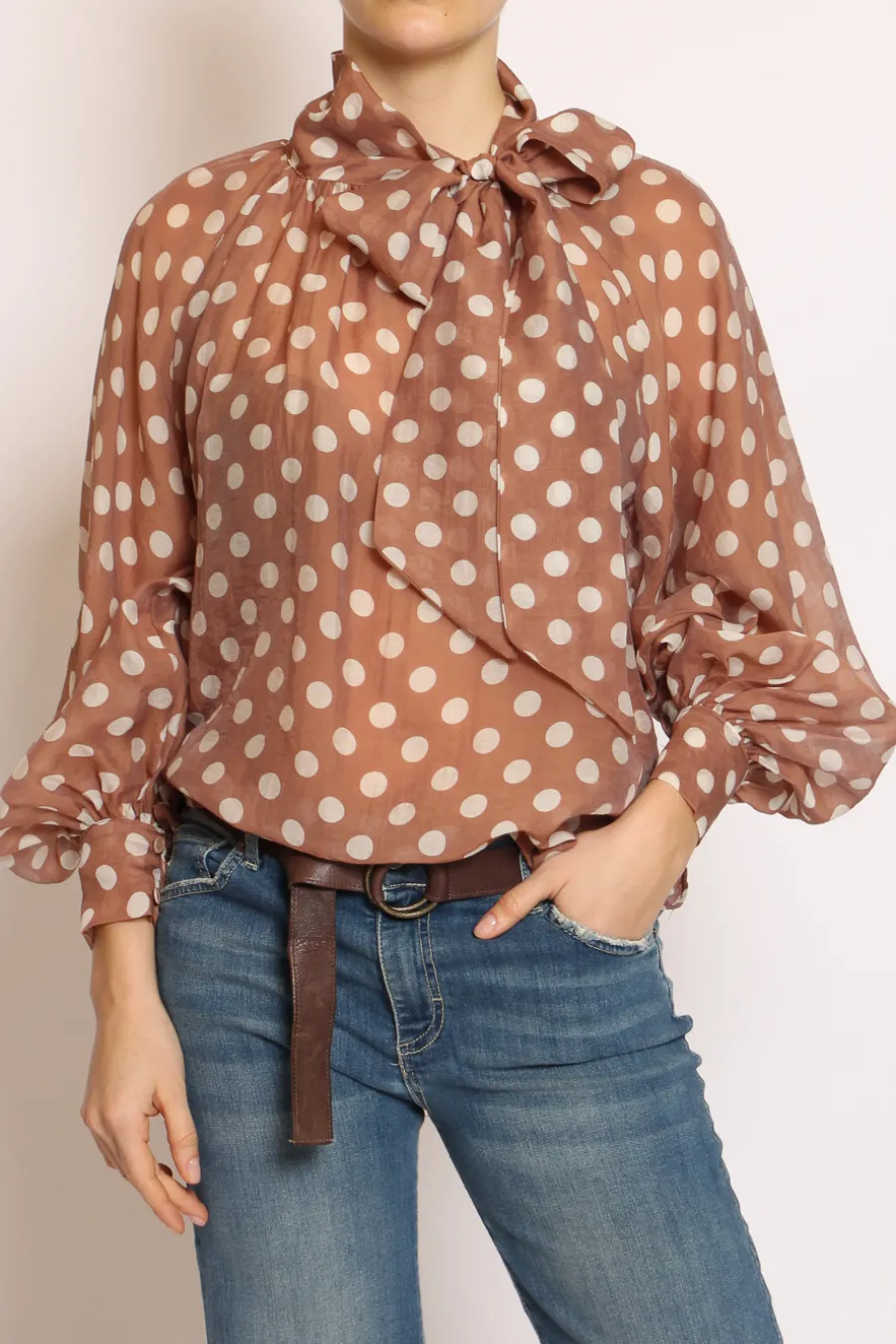 Vicolo Camicia colletto fiocco pois moka/bianco- Camicie E Bluse