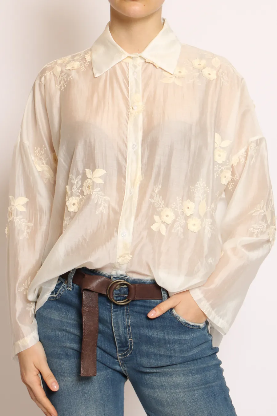 Vicolo Camicia con ricami fiori grandi avorio- Camicie E Bluse