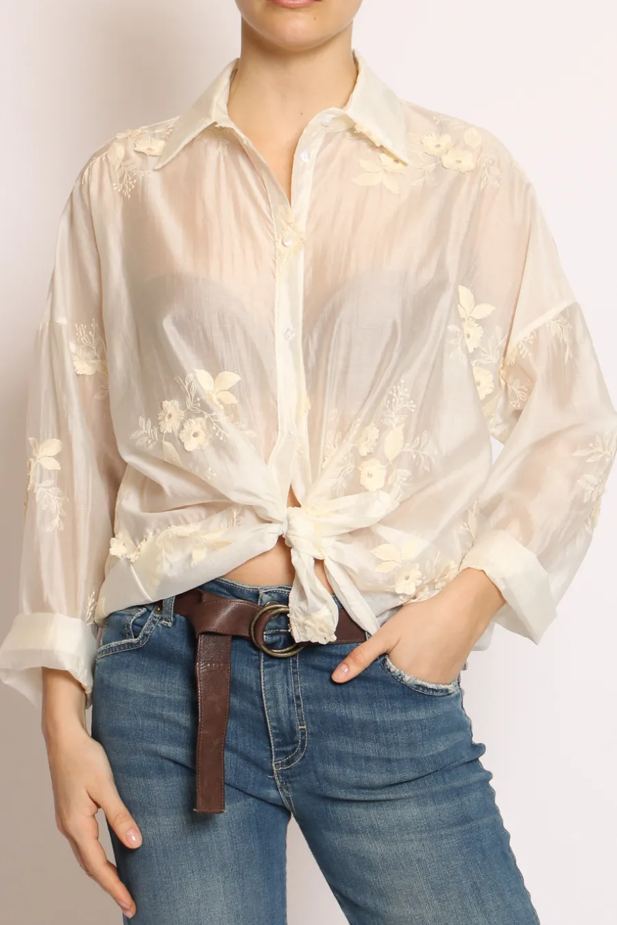 Vicolo Camicia con ricami fiori grandi avorio- Camicie E Bluse