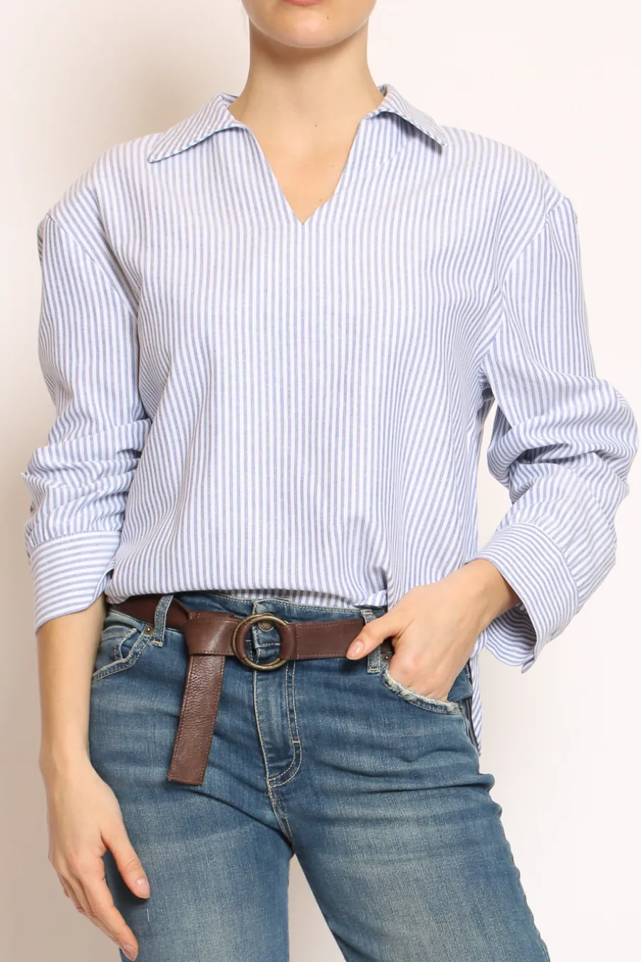 Have one Camicia over scollo V a righe bianco/celeste- Camicie E Bluse