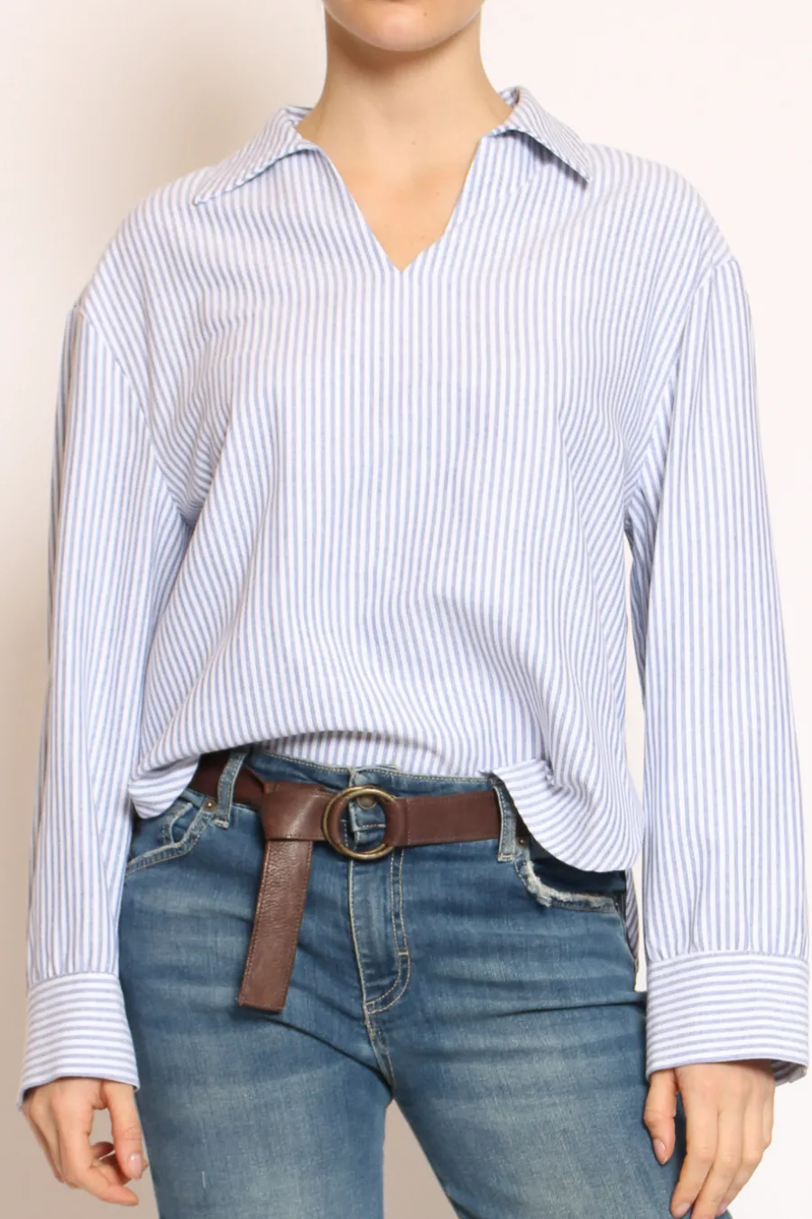 Have one Camicia over scollo V a righe bianco/celeste- Camicie E Bluse