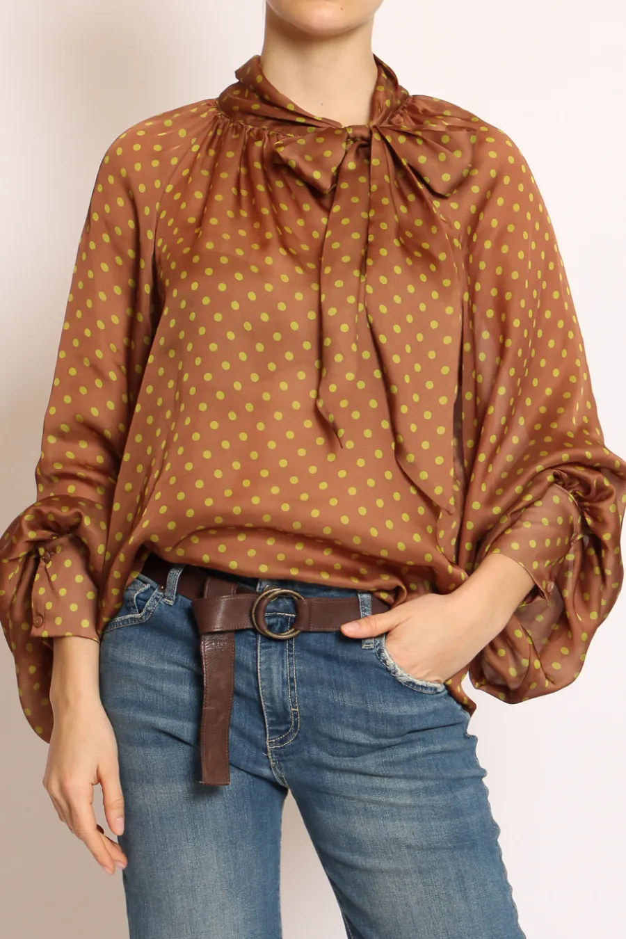 Tensione In Camicia pois c/fiocco moka/acido- Camicie E Bluse