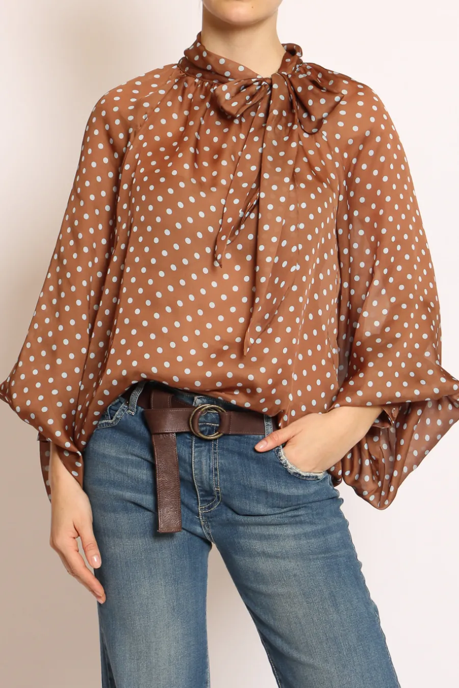 Tensione In Camicia pois c/fiocco moka/celste- Camicie E Bluse