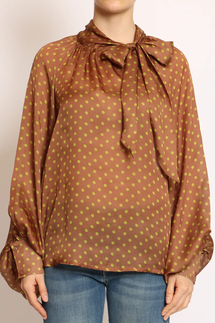 Tensione In Camicia pois c/fiocco moka/acido- Camicie E Bluse