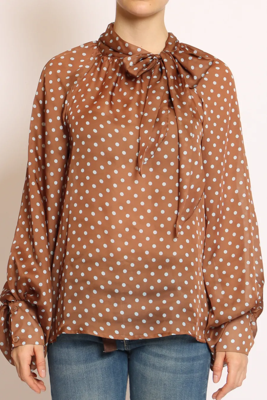 Tensione In Camicia pois c/fiocco moka/celste- Camicie E Bluse