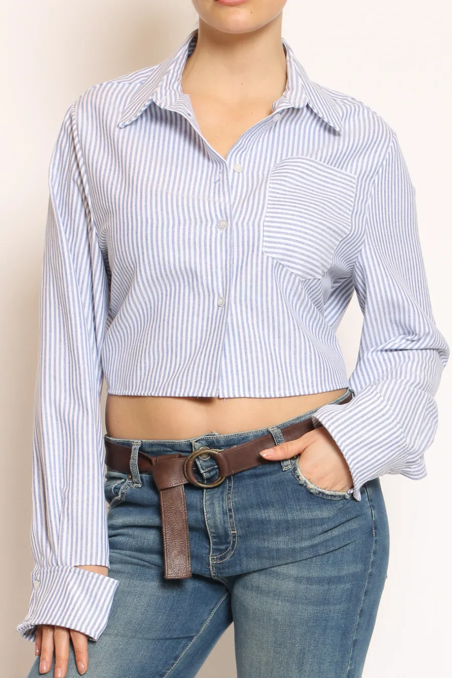 Have one Camicia riga crop nodo dietro bianco/azzurro- Camicie E Bluse