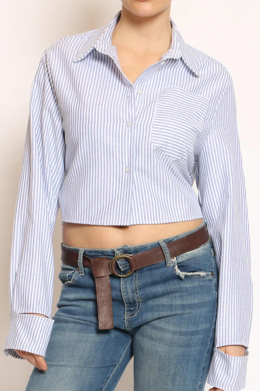 Have one Camicia riga crop nodo dietro bianco/azzurro- Camicie E Bluse