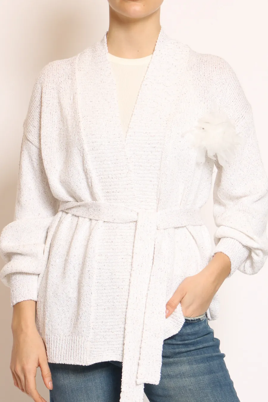 Kontatto Cardigan micropaillettes con spilla off white- Cardigan E Gilet