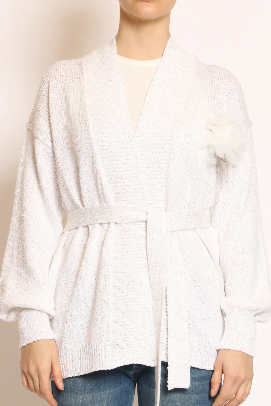Kontatto Cardigan micropaillettes con spilla off white- Cardigan E Gilet