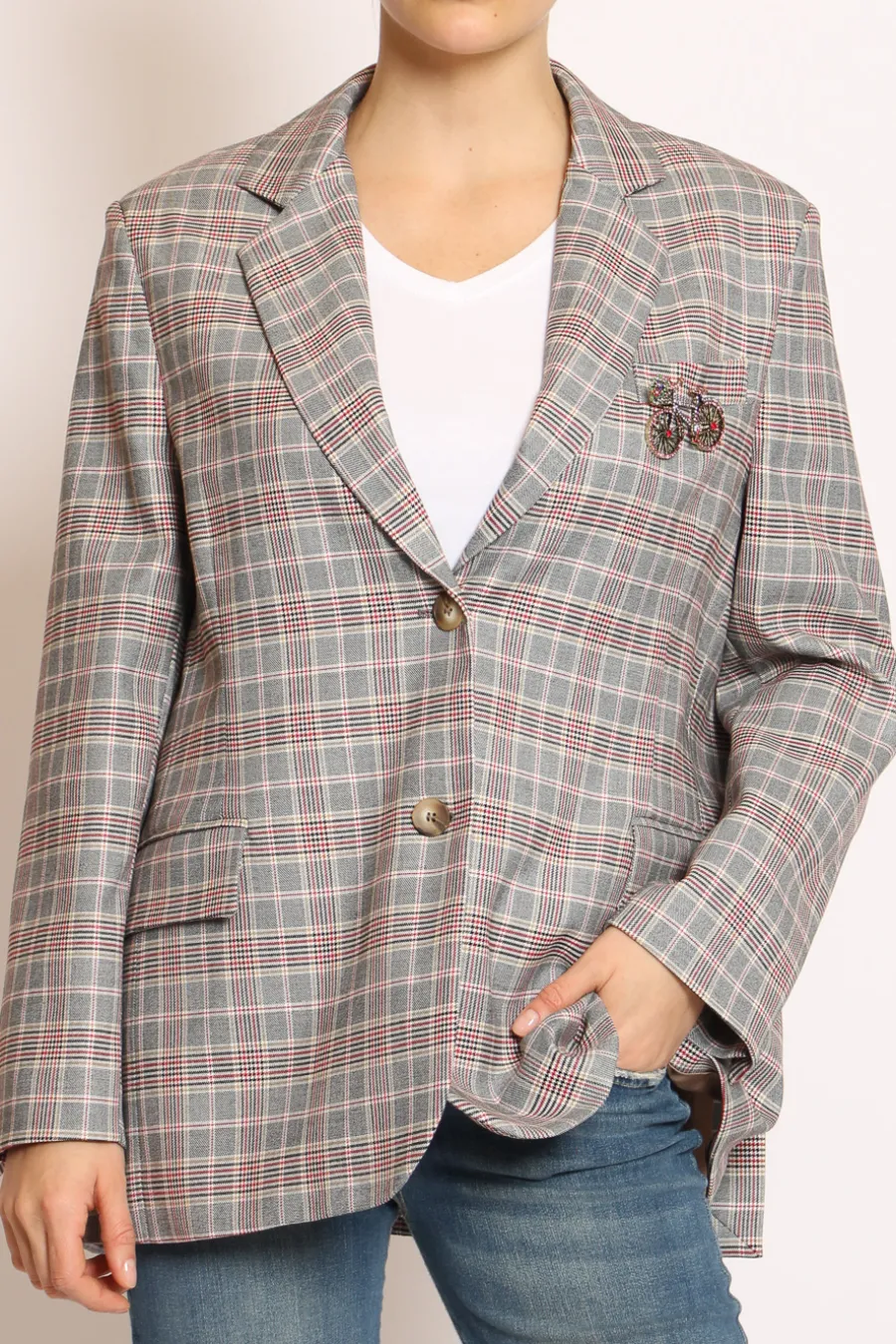 Tensione In Giacca fantasia check c/spilla nero/camel/rosso- Giacche