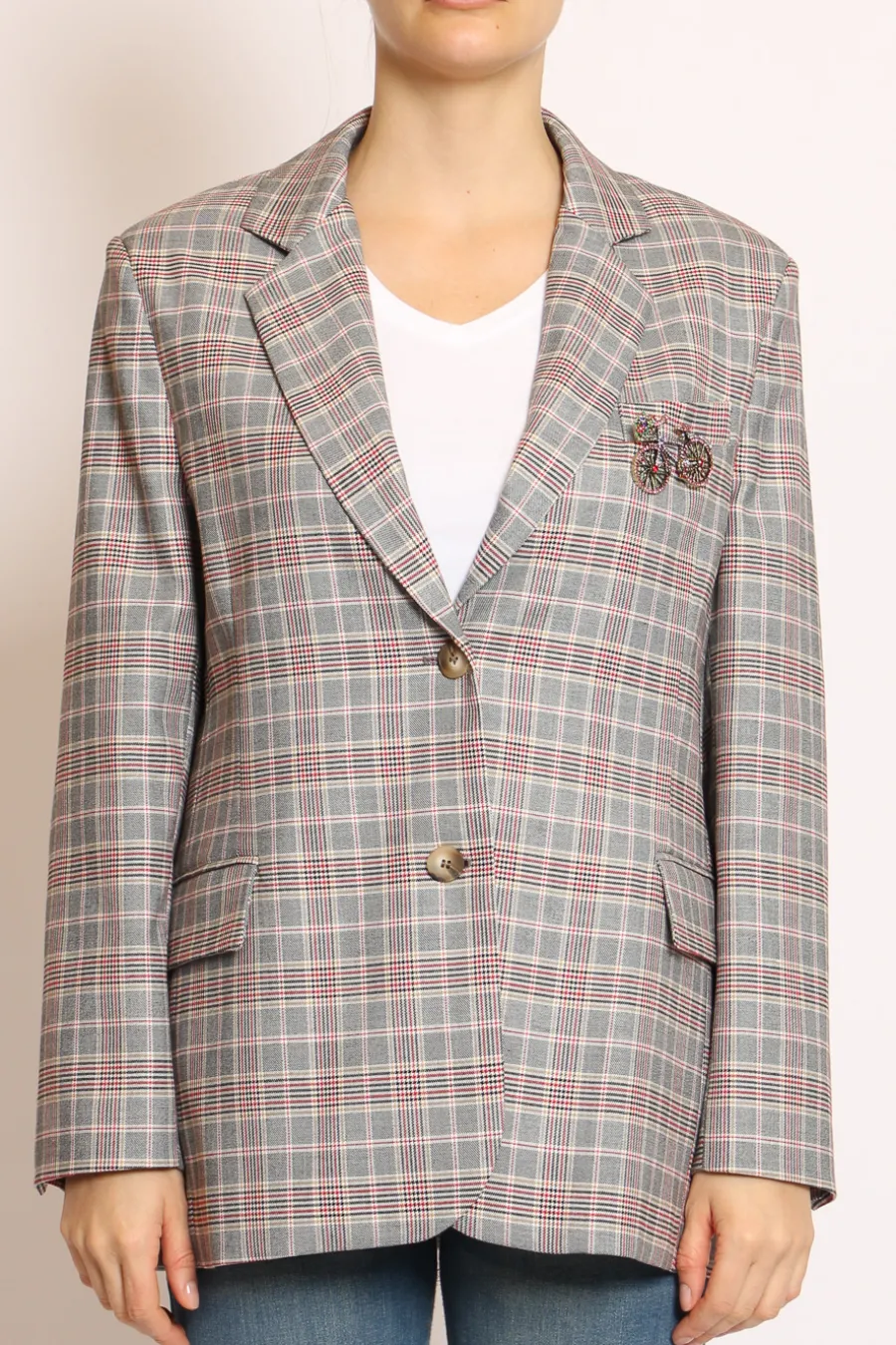Tensione In Giacca fantasia check c/spilla nero/camel/rosso- Giacche