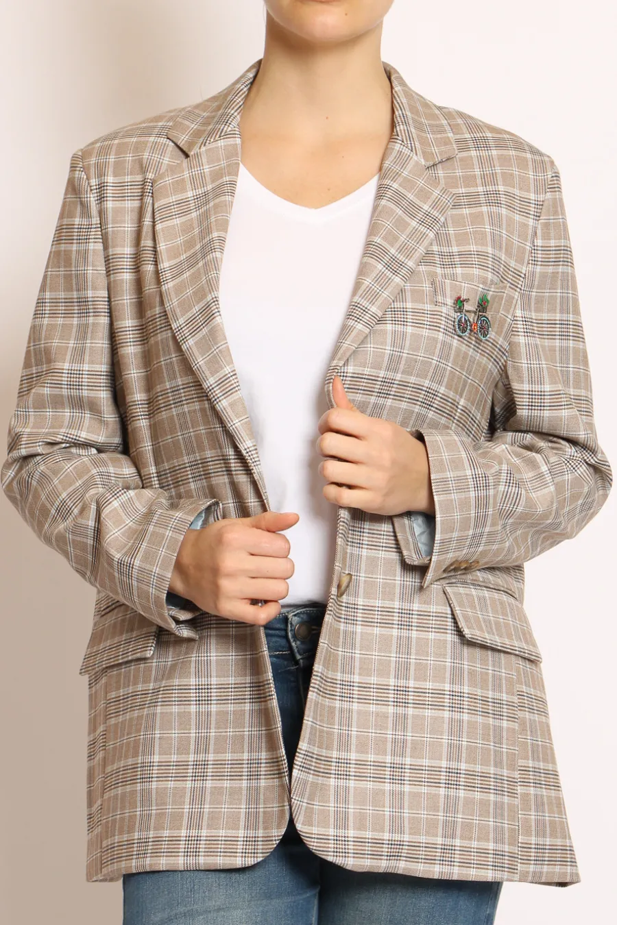 Tensione In Giacca fantasia check c/spilla camel/blu/celeste- Giacche