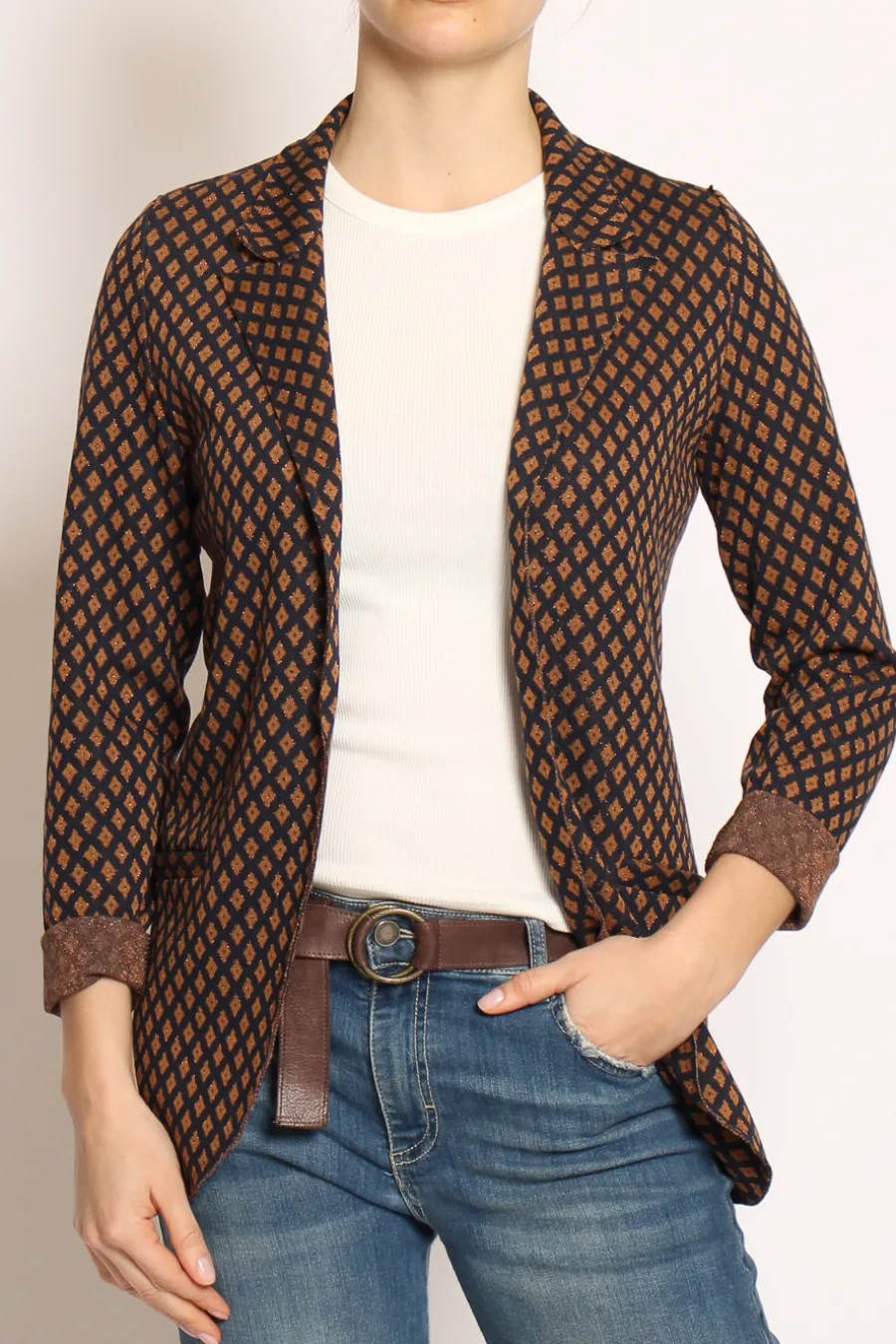 Zeroassoluto Giacca JIN elasticizzata rombi lurex blu/cuoio/bronzo- Giacche
