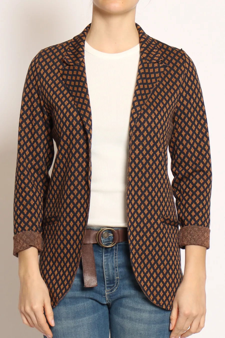 Zeroassoluto Giacca JIN elasticizzata rombi lurex blu/cuoio/bronzo- Giacche