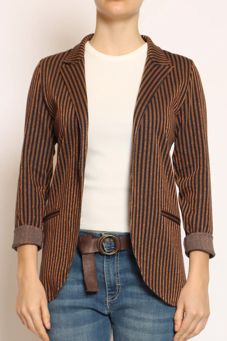 Zeroassoluto Giacca JIN elasticizzata righe lurex blu/cuoio- Giacche