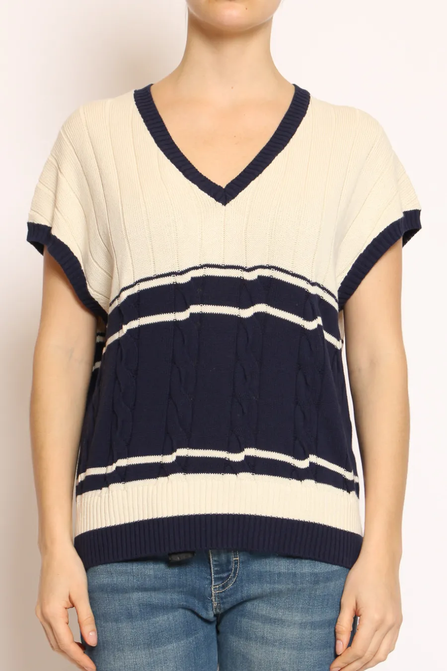 Vicolo Gilet scollo V burro/blu- Cardigan E Gilet