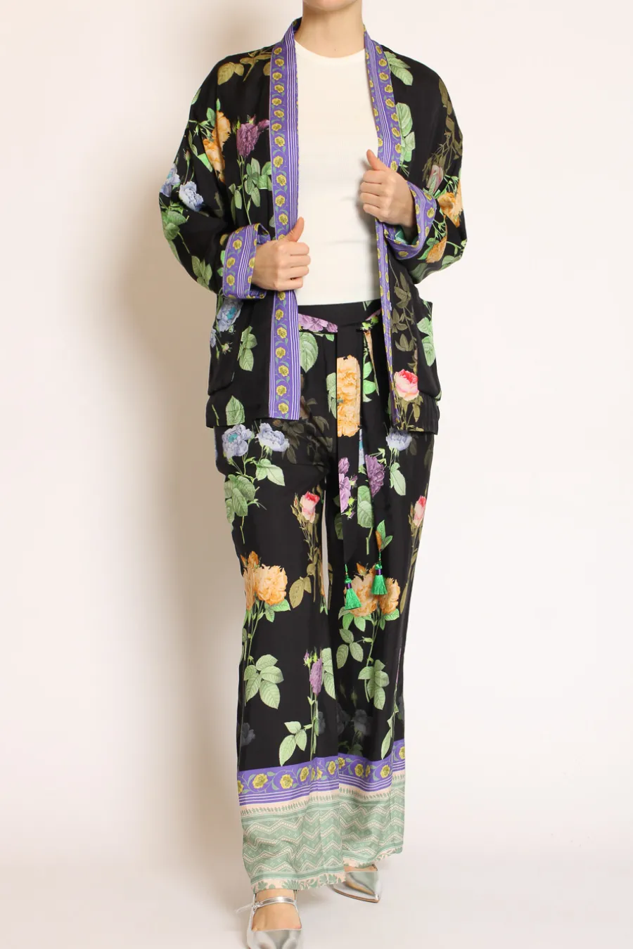Wu'Side Kimono corto fantasia nero/viola/verde- Cardigan E Gilet