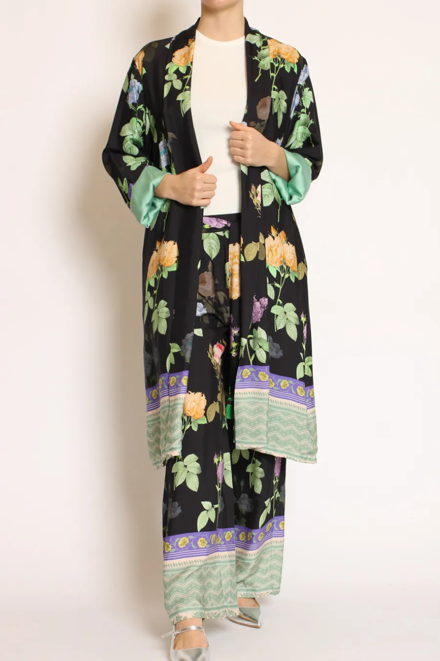 Wu'Side Kimono fantasia floreale nero/viola/verde- Cardigan E Gilet