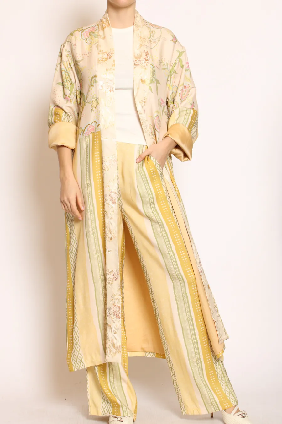 Wu'Side Kimono lungo fantasia cipria/olio/rosa- Capospalla