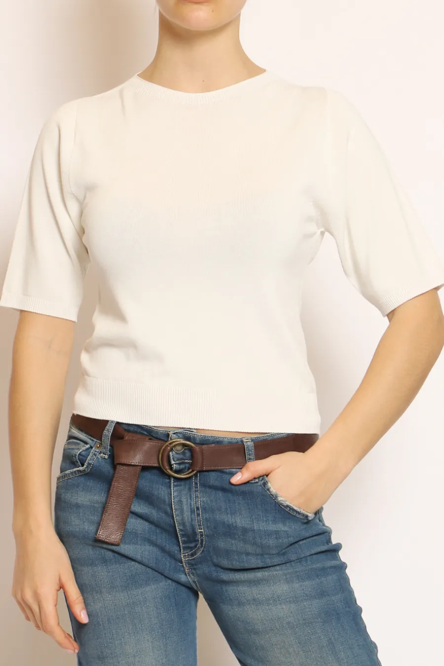 Kontatto Maglia girocollo mezza manica in filo di viscosa off white- Maglie