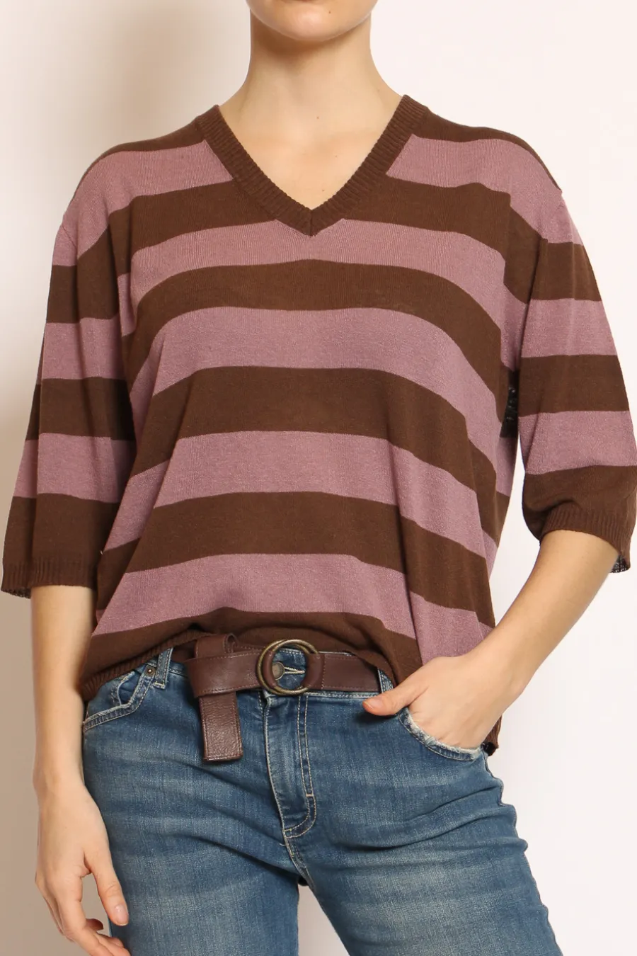 Kontatto Maglia scollo v a righe misto lino cioccolato/mauve- Maglie