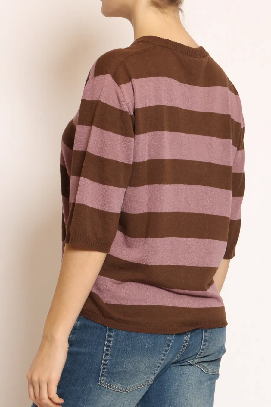Kontatto Maglia scollo v a righe misto lino cioccolato/mauve- Maglie