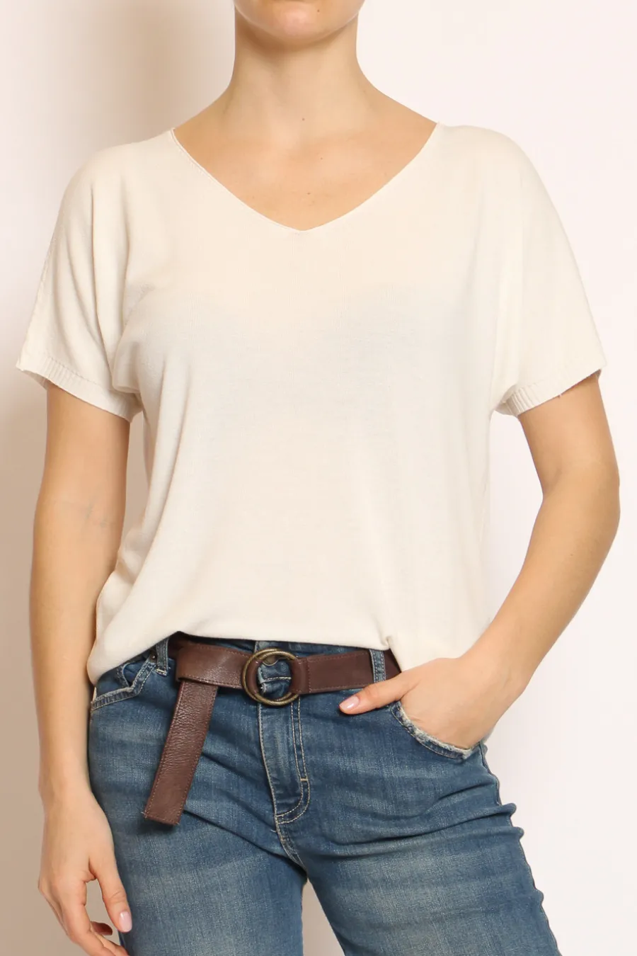Kontatto Maglia scollo v in filo di viscosa off white- T-Shirts E Top