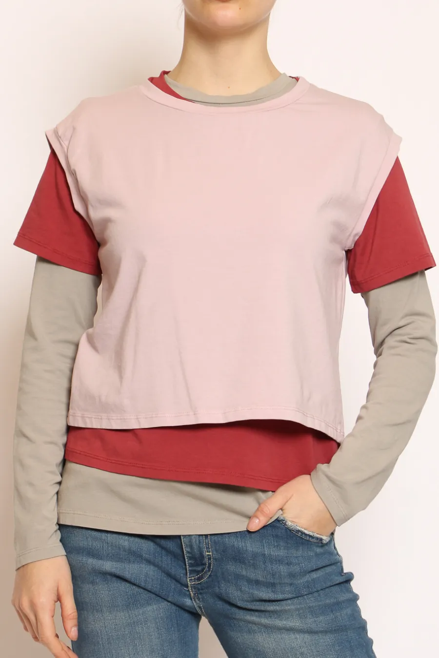 Set tre t-shirt in jersey elasticizzato rosa/cherry/taupe- T-Shirts E Top