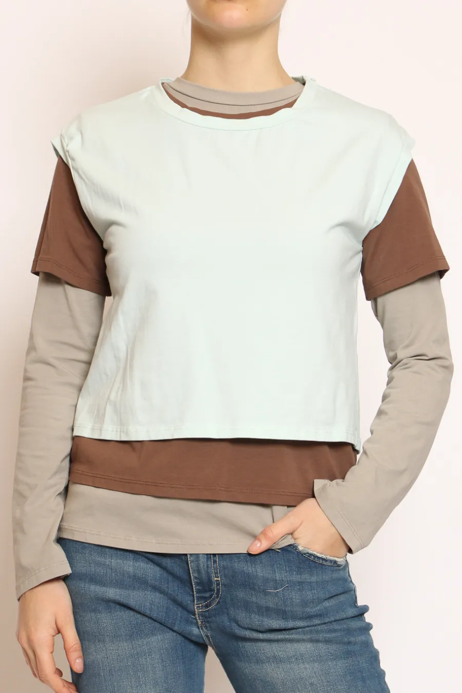 Set tre t-shirt in jersey elasticizzato acqua/moka/taupe- T-Shirts E Top