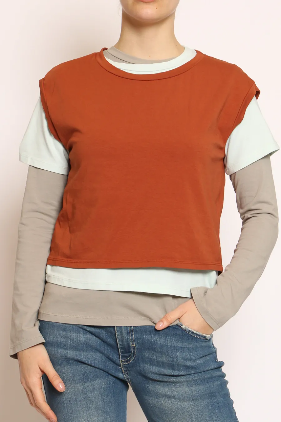Set tre t-shirt in jersey elasticizzato coccio/acqua/taupe- T-Shirts E Top