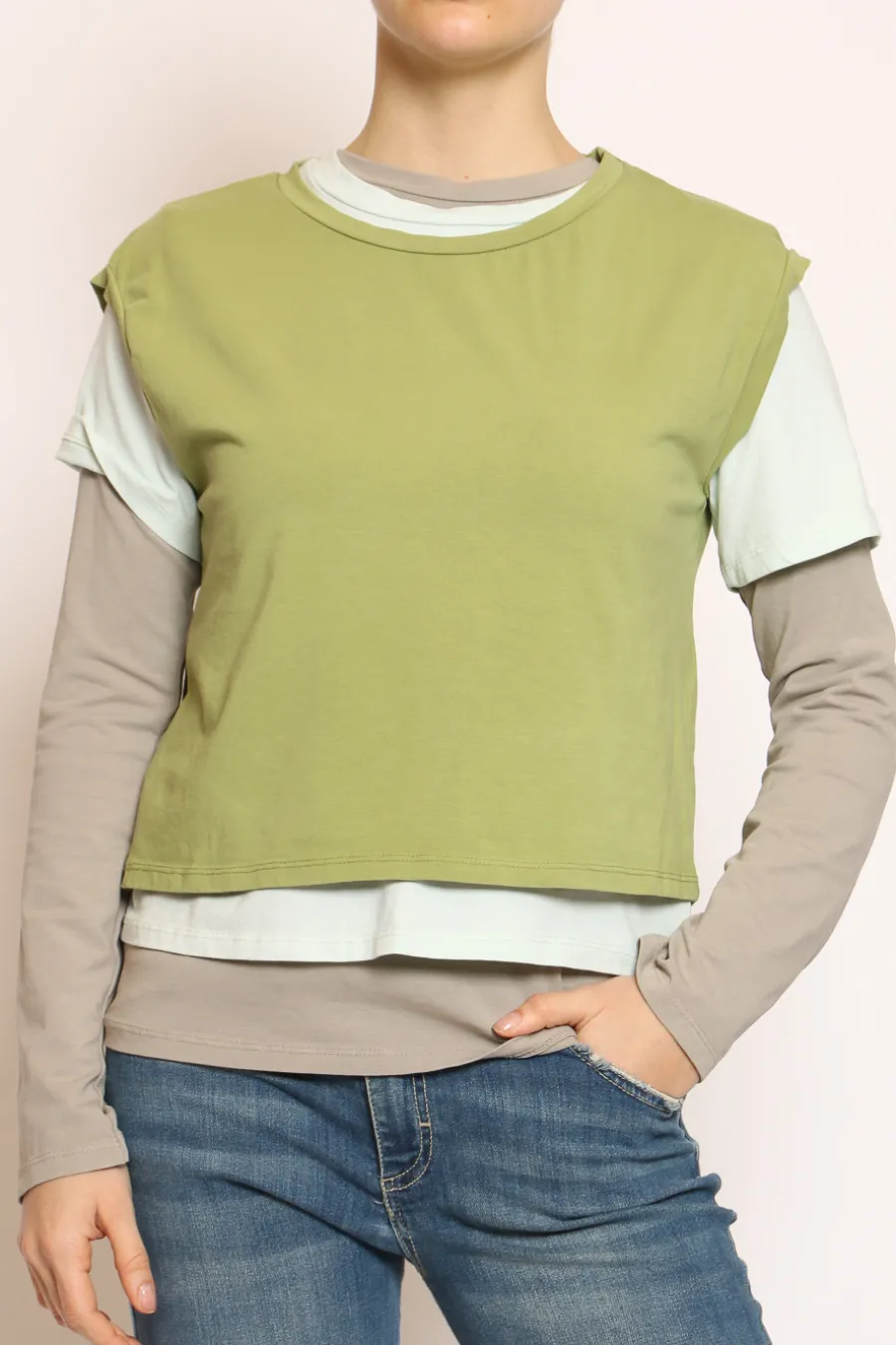 Set tre t-shirt in jersey elasticizzato oliva/acqua/taupe- T-Shirts E Top