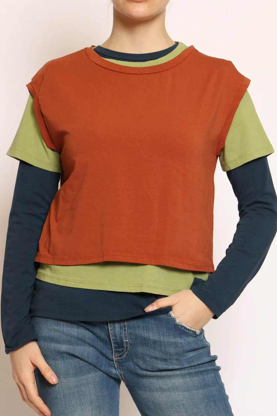 Set tre t-shirt in jersey elasticizzato coccio/oliva/blu- T-Shirts E Top
