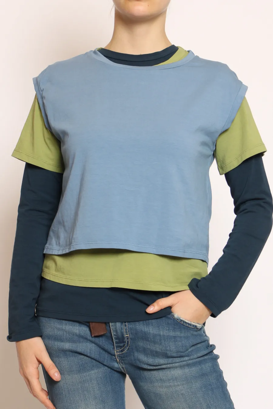 Set tre t-shirt in jersey elasticizzato avio/oliva/blu- T-Shirts E Top