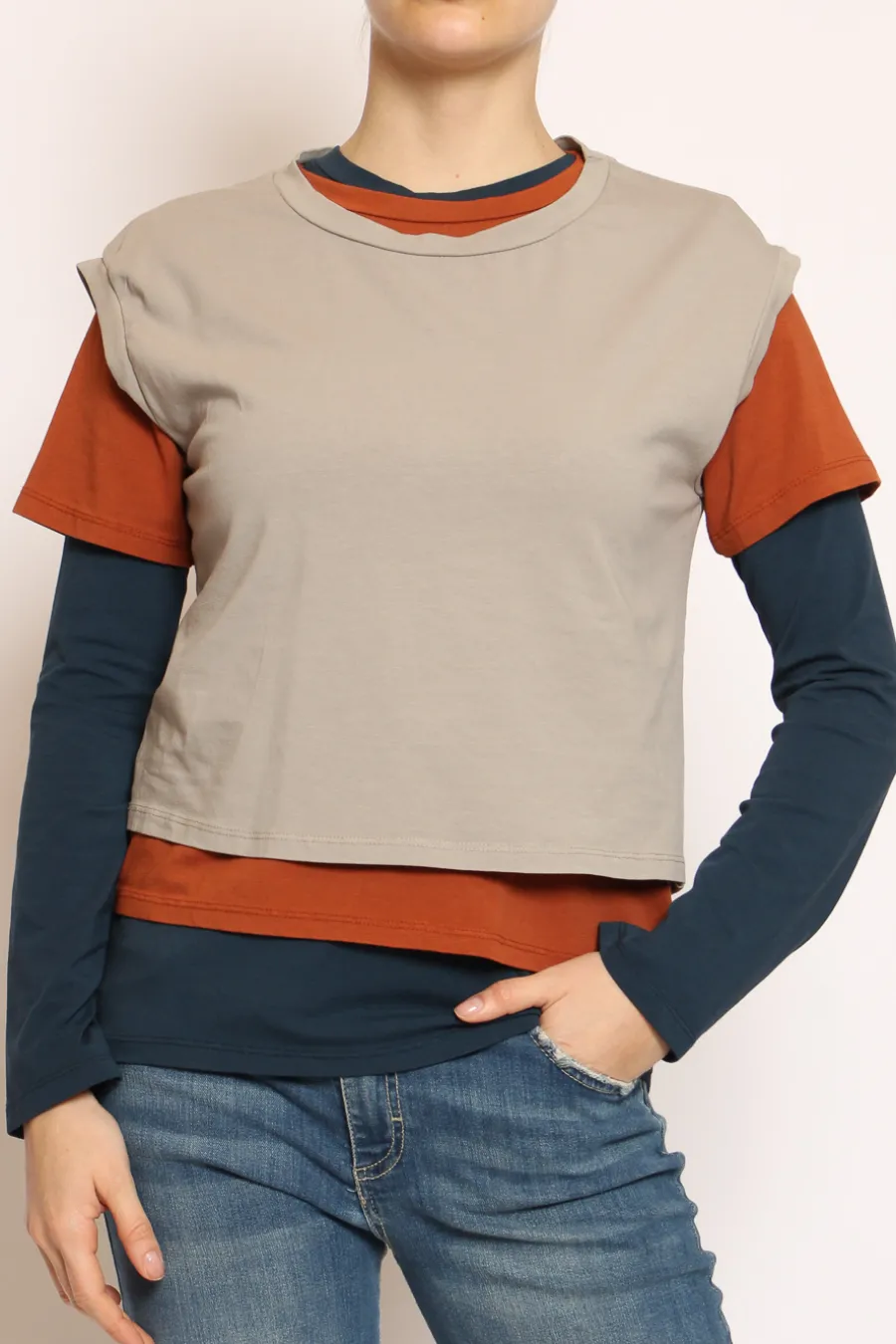 Set tre t-shirt in jersey elasticizzato taupe/coccio/blu- T-Shirts E Top