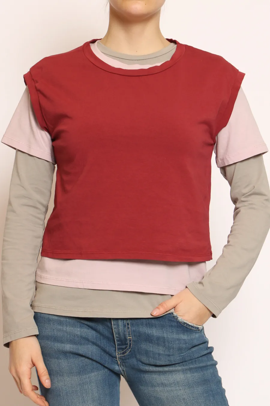 Set tre t-shirt in jersey elasticizzato cherry/rosa/taupe- T-Shirts E Top