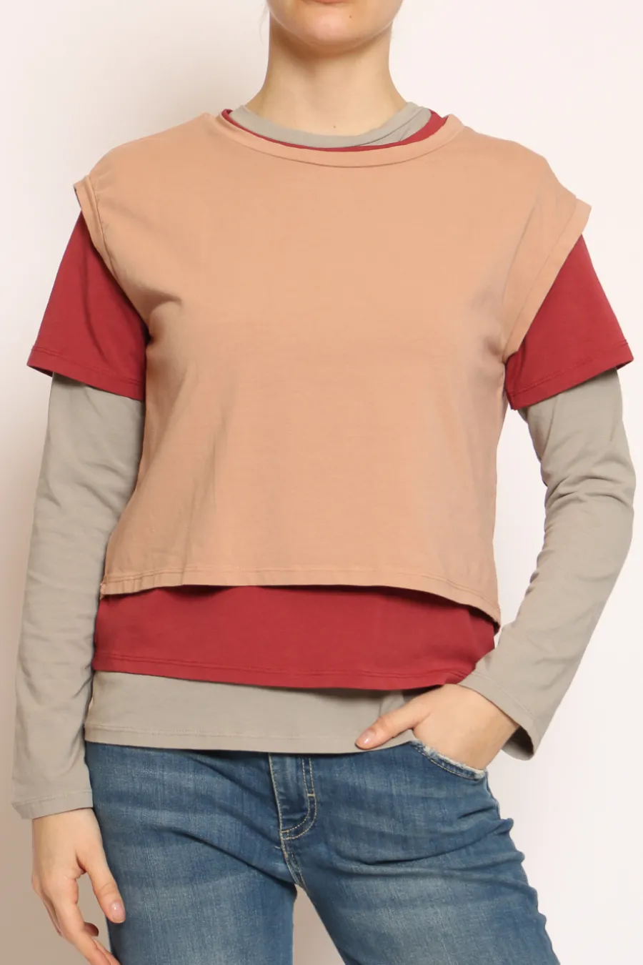 Set tre t-shirt in jersey elasticizzato peach/cherry/taupe- T-Shirts E Top
