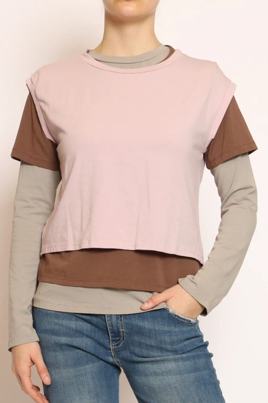 Set tre t-shirt in jersey elasticizzato rosa/moka/taupe- T-Shirts E Top