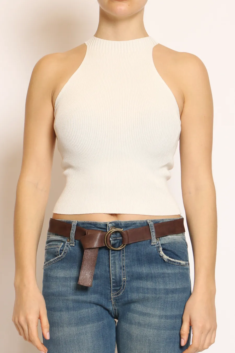 Kontatto Top a costine in filo di viscosa off white- T-Shirts E Top