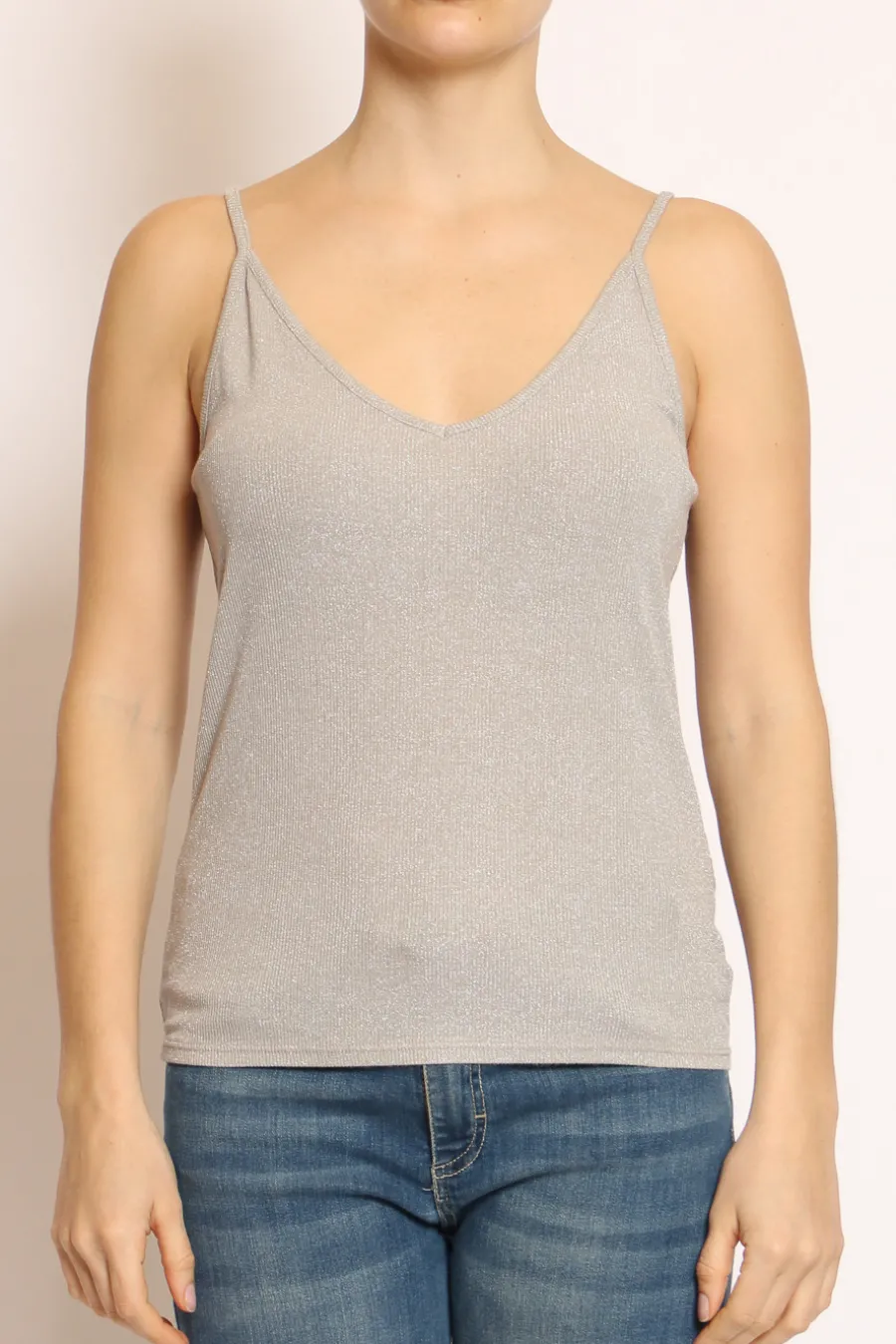 Top lurex argento scollo a v- T-Shirts E Top