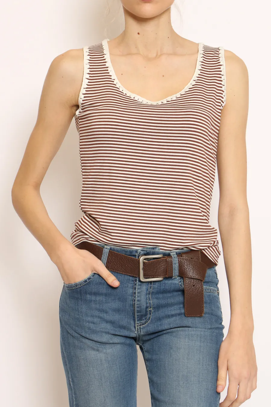 Zeroassoluto Top righe fine con passamaneria bianco/tabacco- T-Shirts E Top