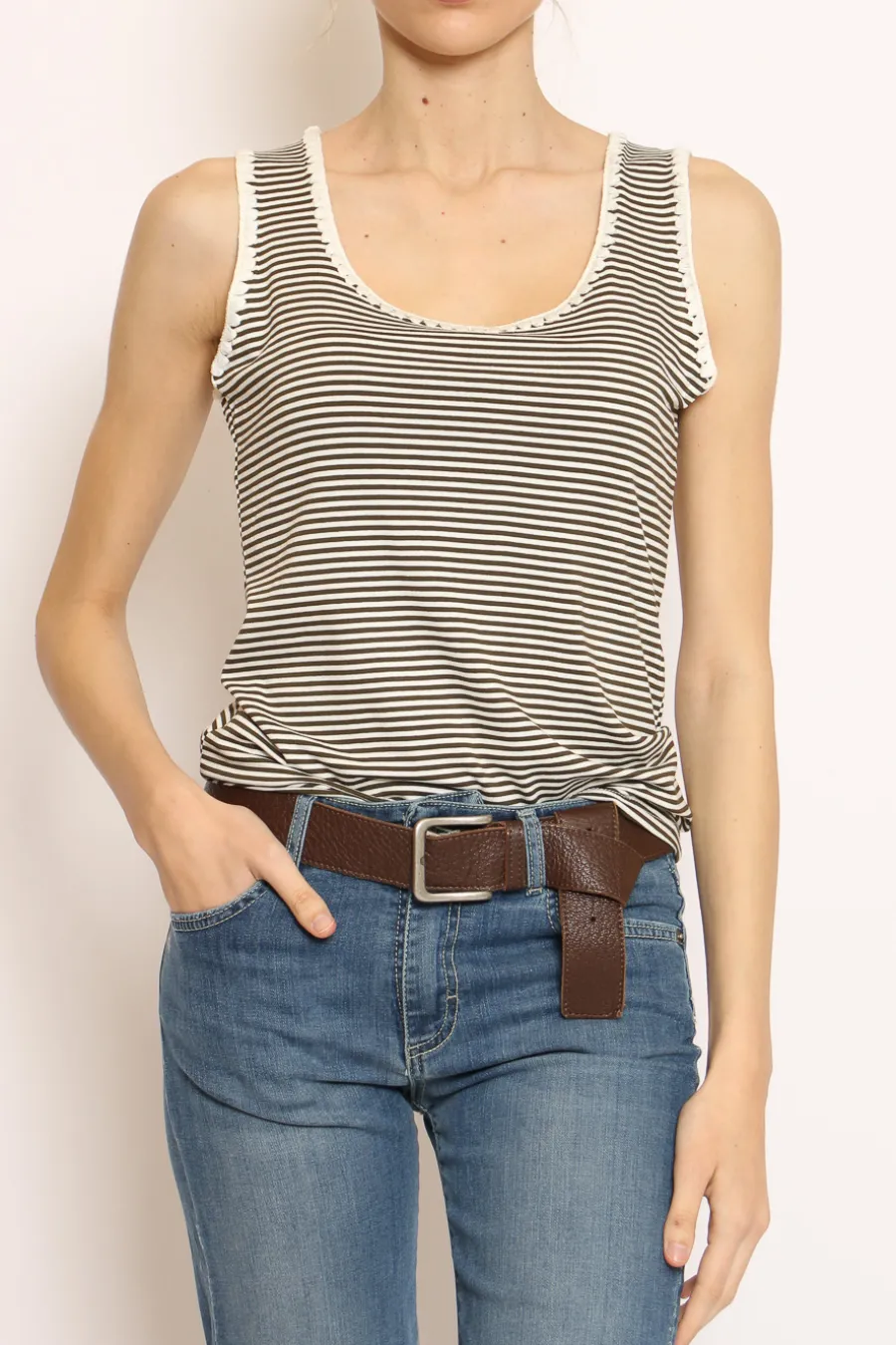 Zeroassoluto Top righe fine con passamaneria bianco/militare- T-Shirts E Top