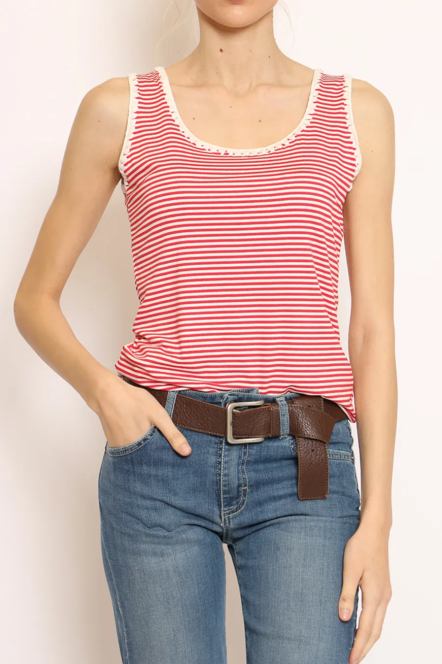 Zeroassoluto Top righe fine con passamaneria bianco/rosso- T-Shirts E Top