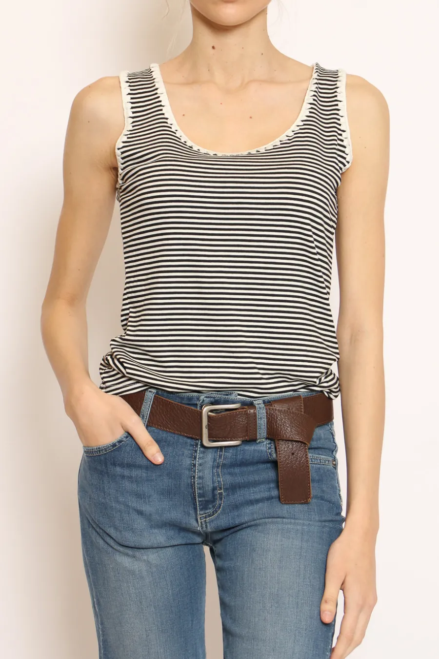 Zeroassoluto Top righe fine con passamaneria bianco/nero- T-Shirts E Top