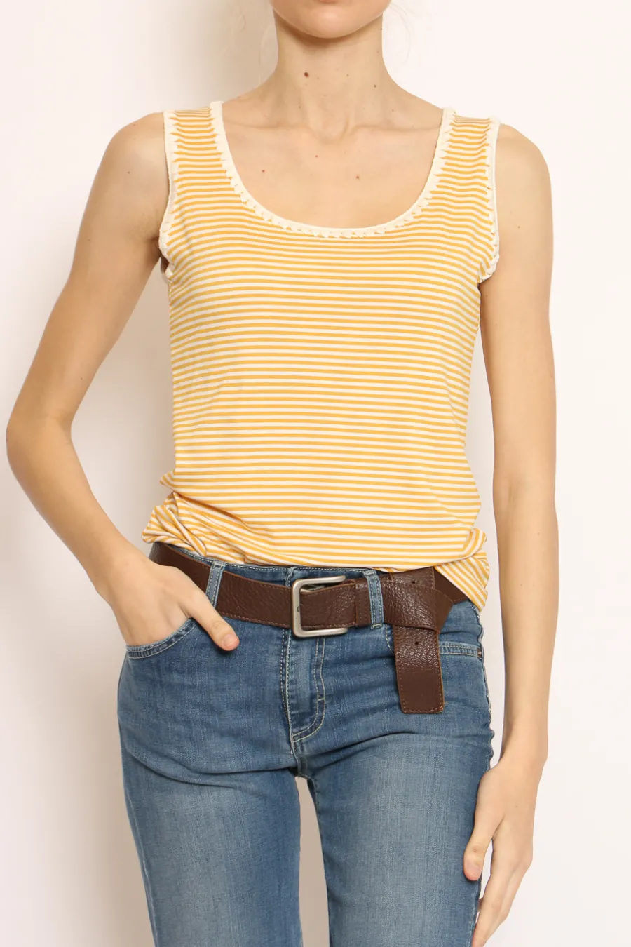Zeroassoluto Top righe fine con passamaneria bianco/senape- T-Shirts E Top