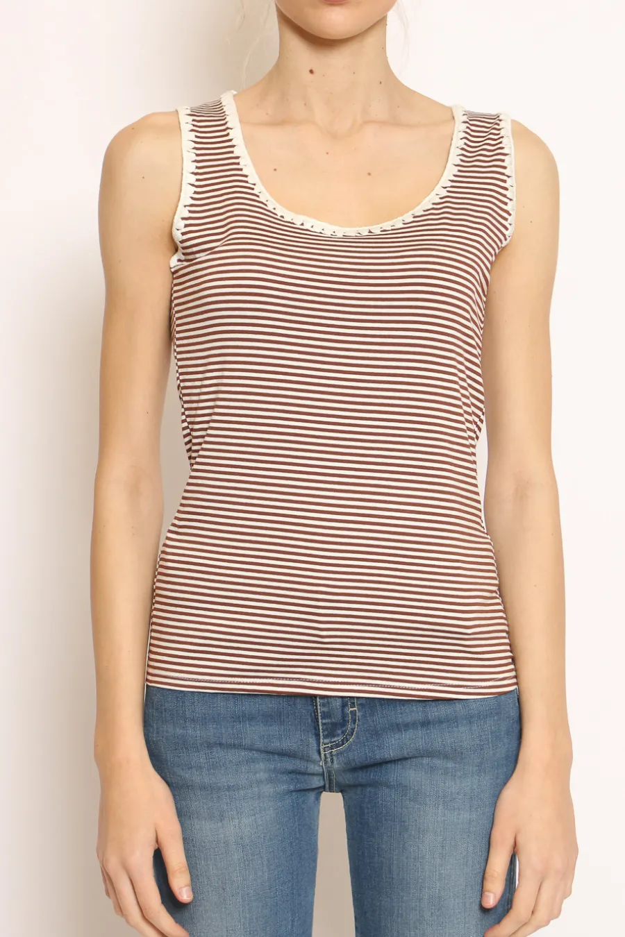Zeroassoluto Top righe fine con passamaneria bianco/tabacco- T-Shirts E Top