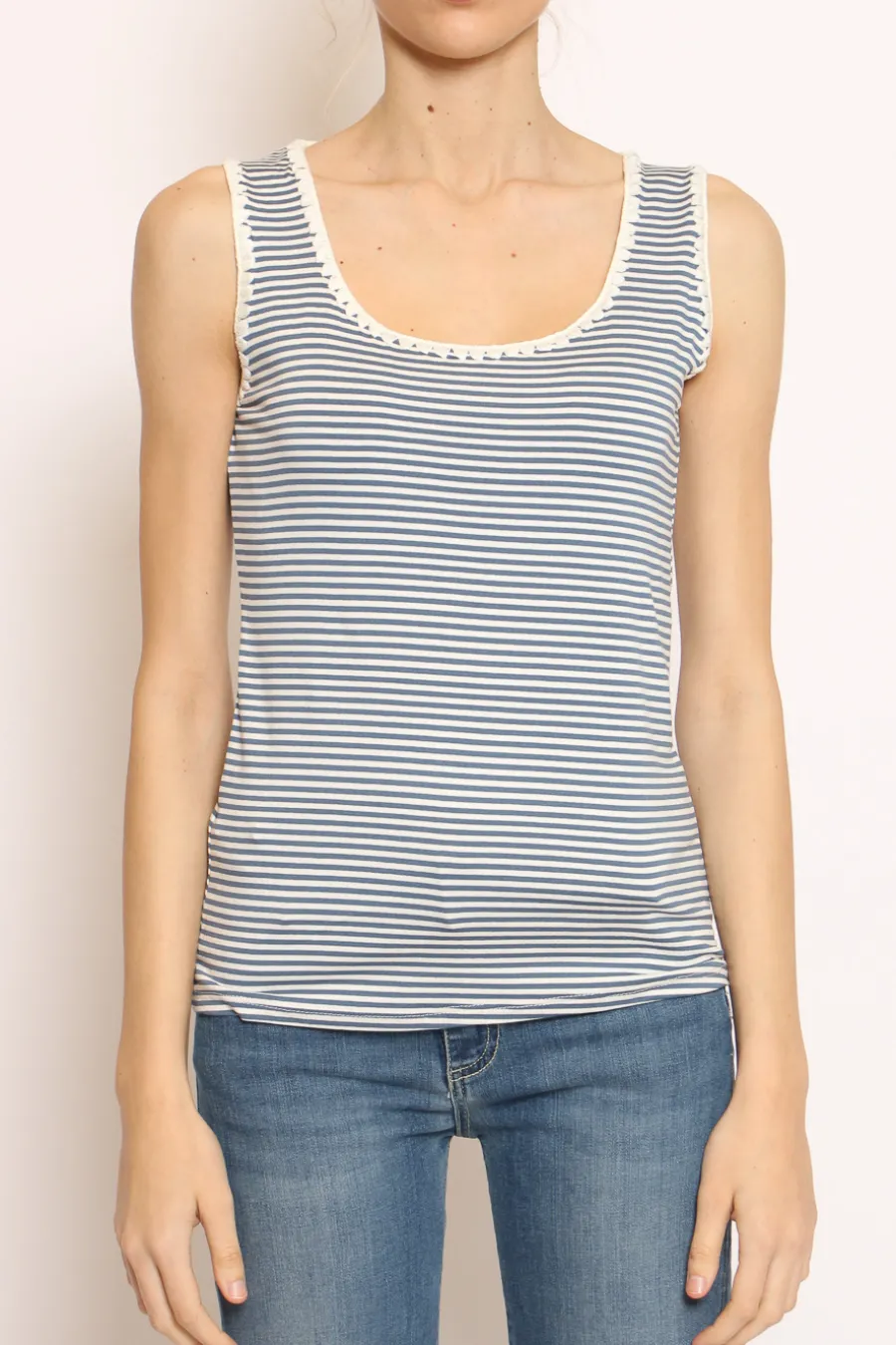 Zeroassoluto Top righe fine con passamaneria bianco/jeans- T-Shirts E Top
