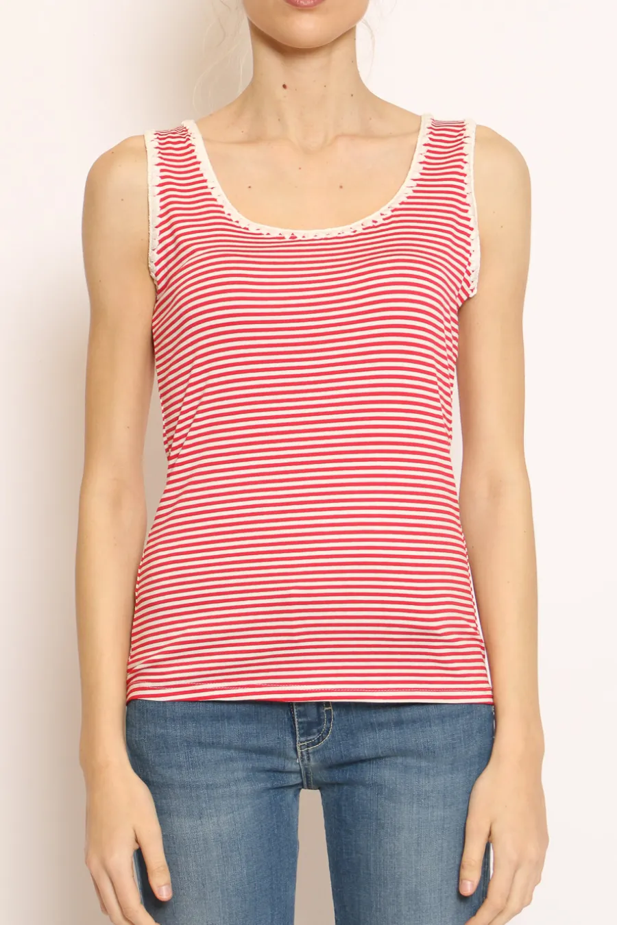 Zeroassoluto Top righe fine con passamaneria bianco/rosso- T-Shirts E Top