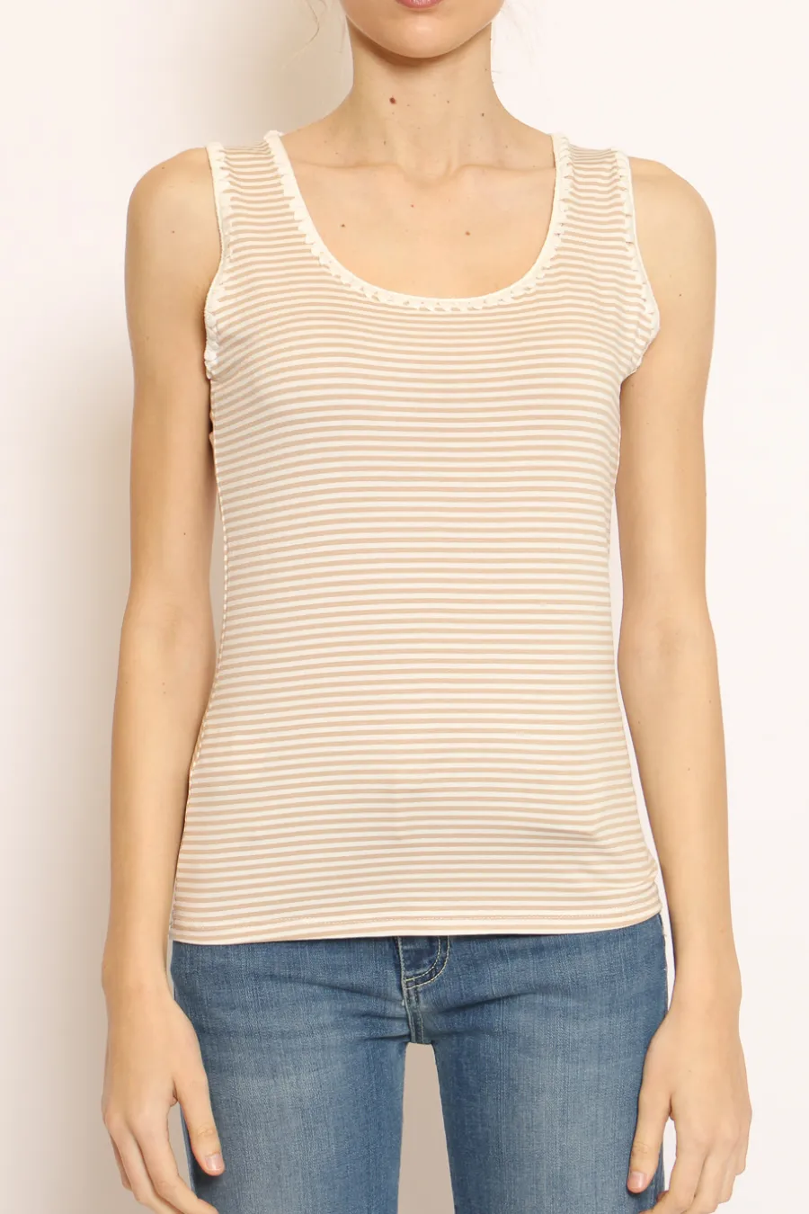 Zeroassoluto Top righe fine con passamaneria bianco/beige- T-Shirts E Top